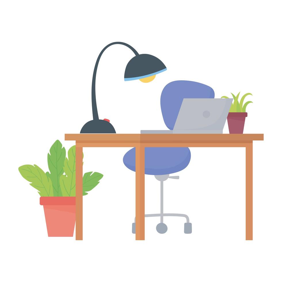 Espacio de trabajo silla de oficina escritorio portátil lámpara y plantas diseño aislado fondo blanco. vector