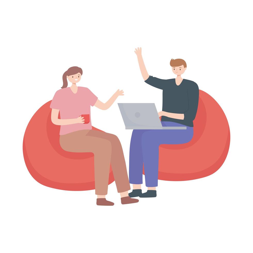 man and woman sitting with laptop isolated design white background vector