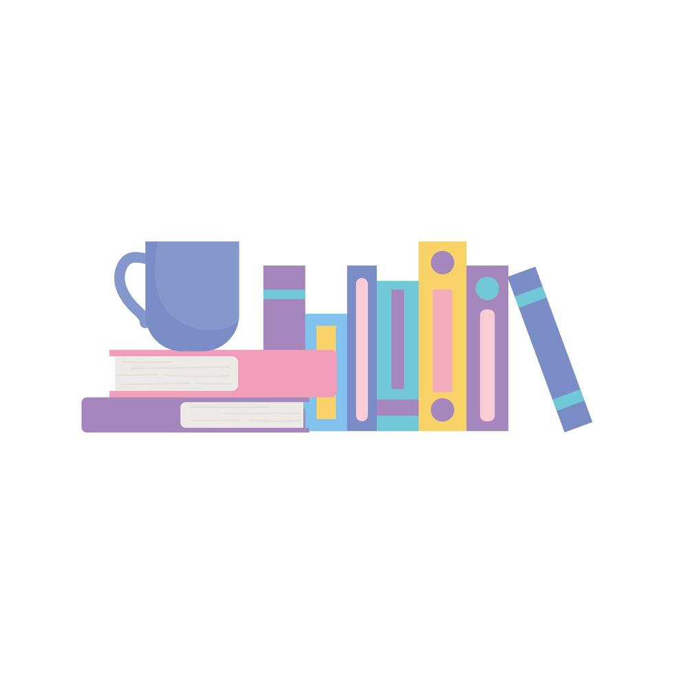 workspace office stack of books with coffee cup isolated design white background vector