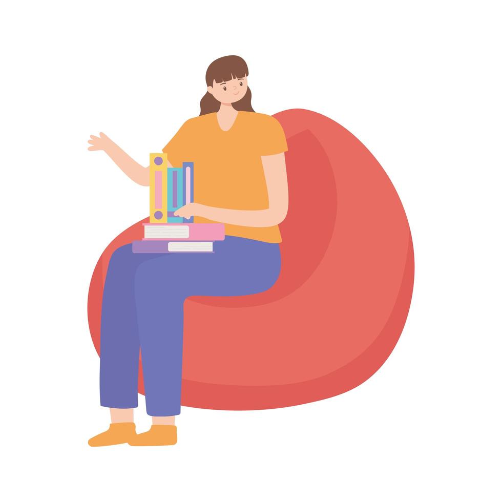 Mujer joven con libro sentado en una silla de frijol diseño aislado fondo blanco. vector