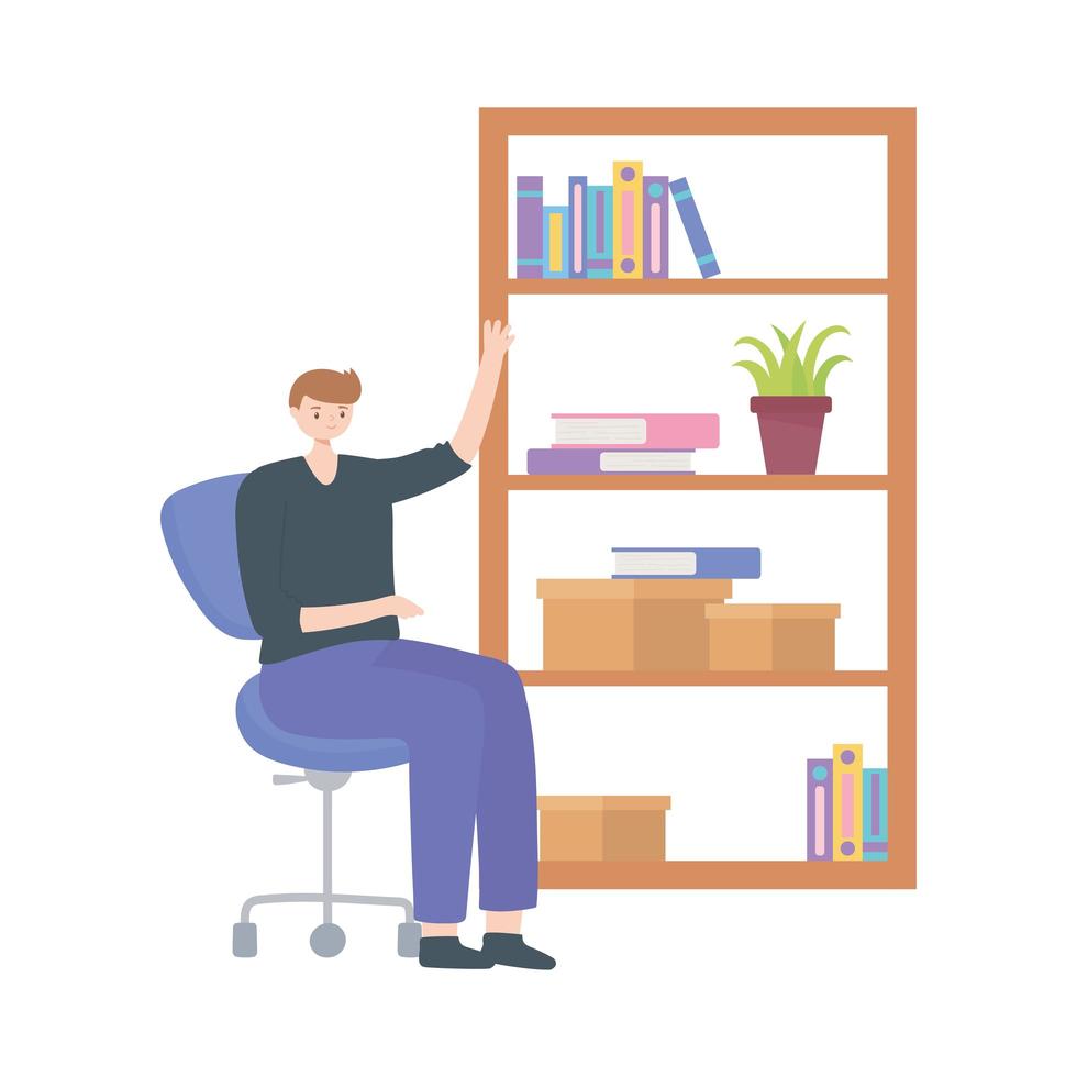 Hombre en la oficina con libros de estantería y espacio de trabajo fondo blanco. vector