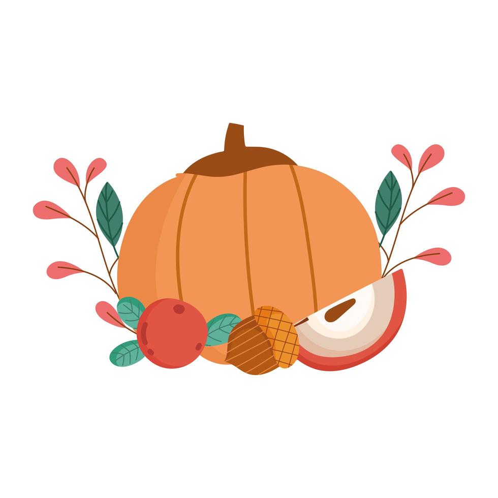 otoño calabaza manzana bellota rama hojas diseño aislado fondo blanco vector