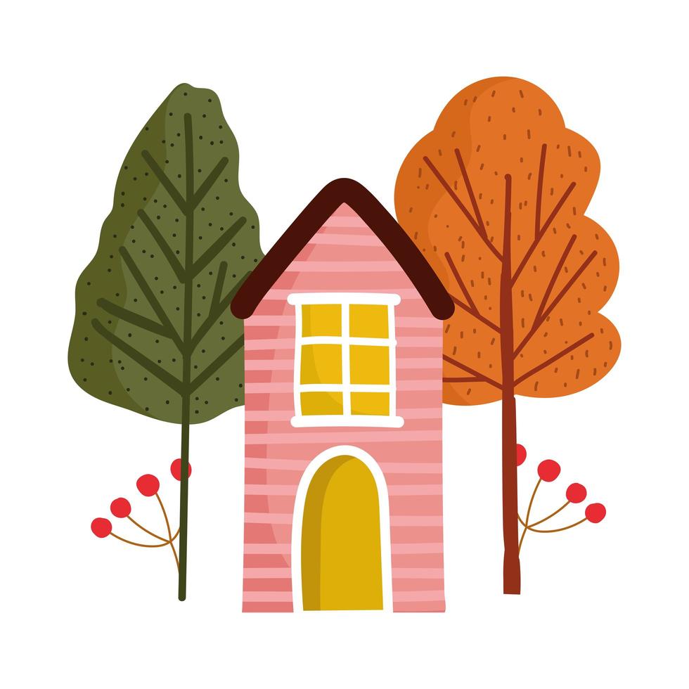 cartoon wooden house trees branch foliage nature vector