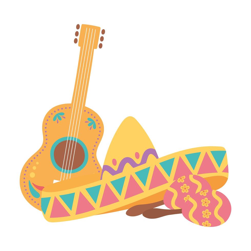 dia de muertos, sombrero tradicional guitarra y maracas celebracion mexicana vector