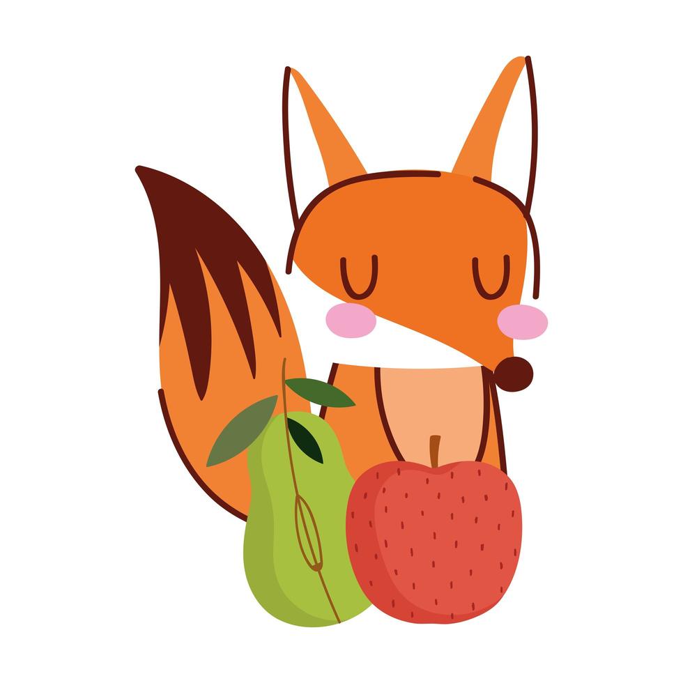 hello autumn, cute little fox with apple and pear harvest fruits cartoon vector