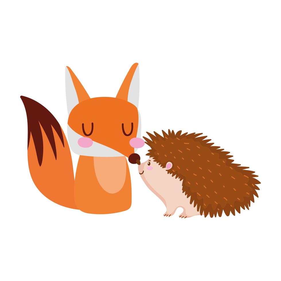 Cute fox y hedgehod animales dibujos animados diseño aislado fondo blanco. vector