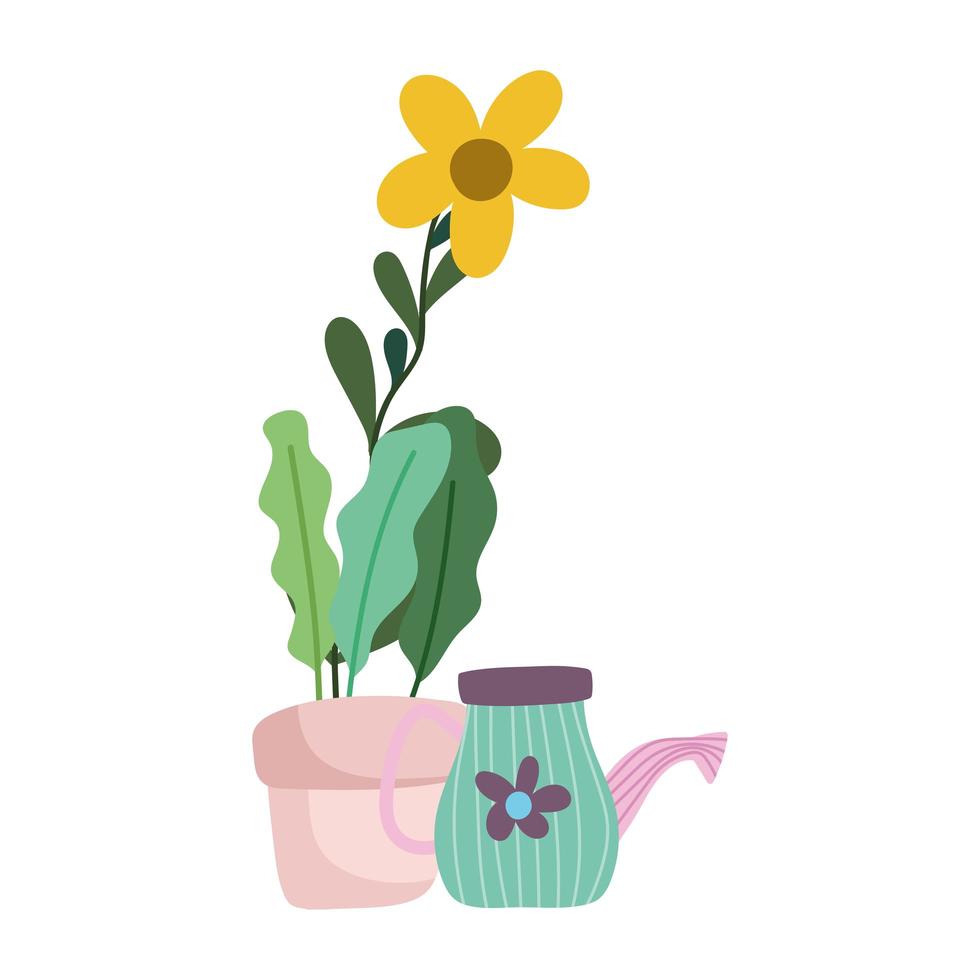 jardinería, flor en maceta y regadera naturaleza icono aislado estilo vector