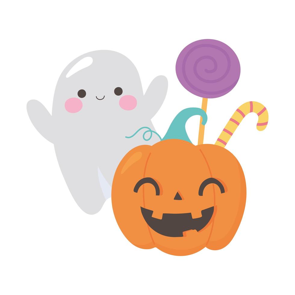 happy halloween pumpkin ghost and candies vector