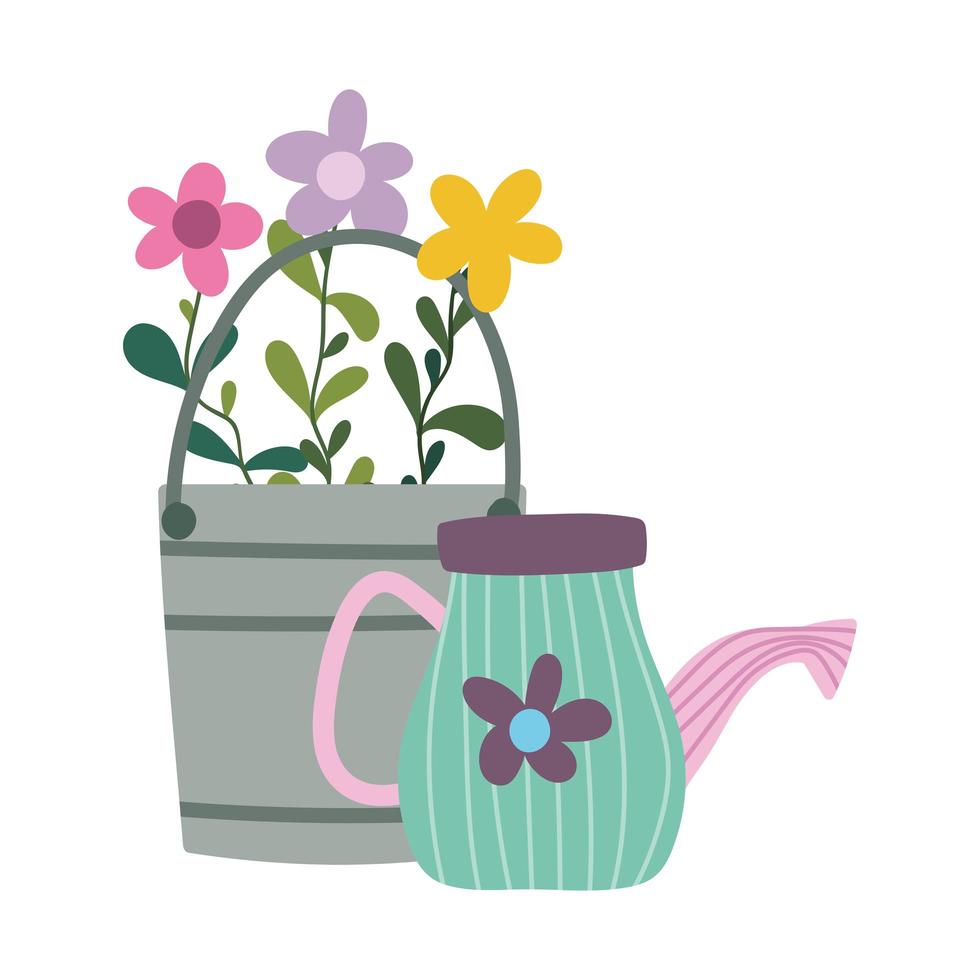 gardening, watering can flowers and bucket nature isolated icon style vector