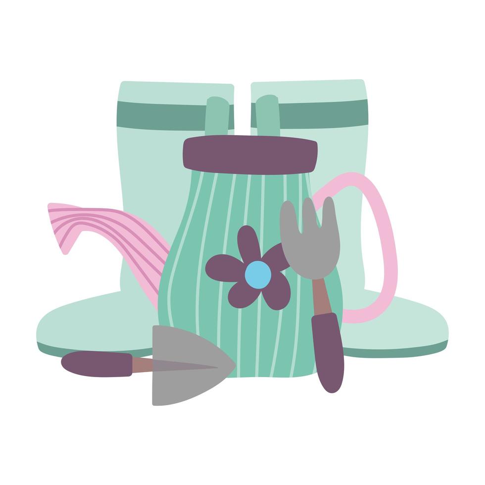 gardening, watering can boots rake and shovel tools vector