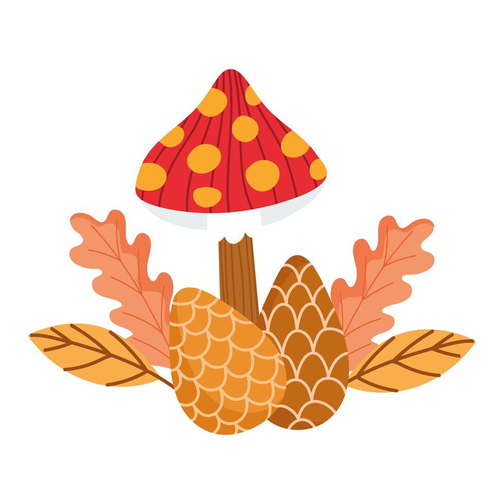hello autumn, mushroom pine cones and leaves nature vector