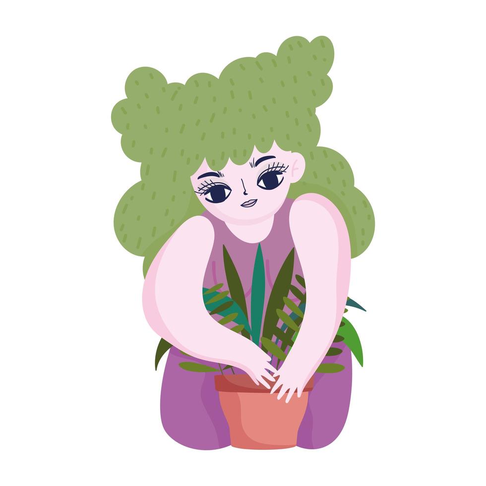 gardening, girl with green hair planting in pot leaves isolated icon style vector