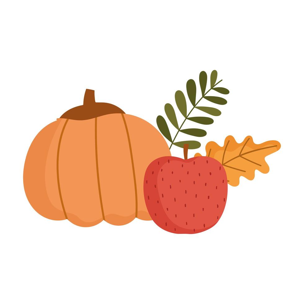 hello autumn, fresh pumpkin apple and leaves cartoon white background vector