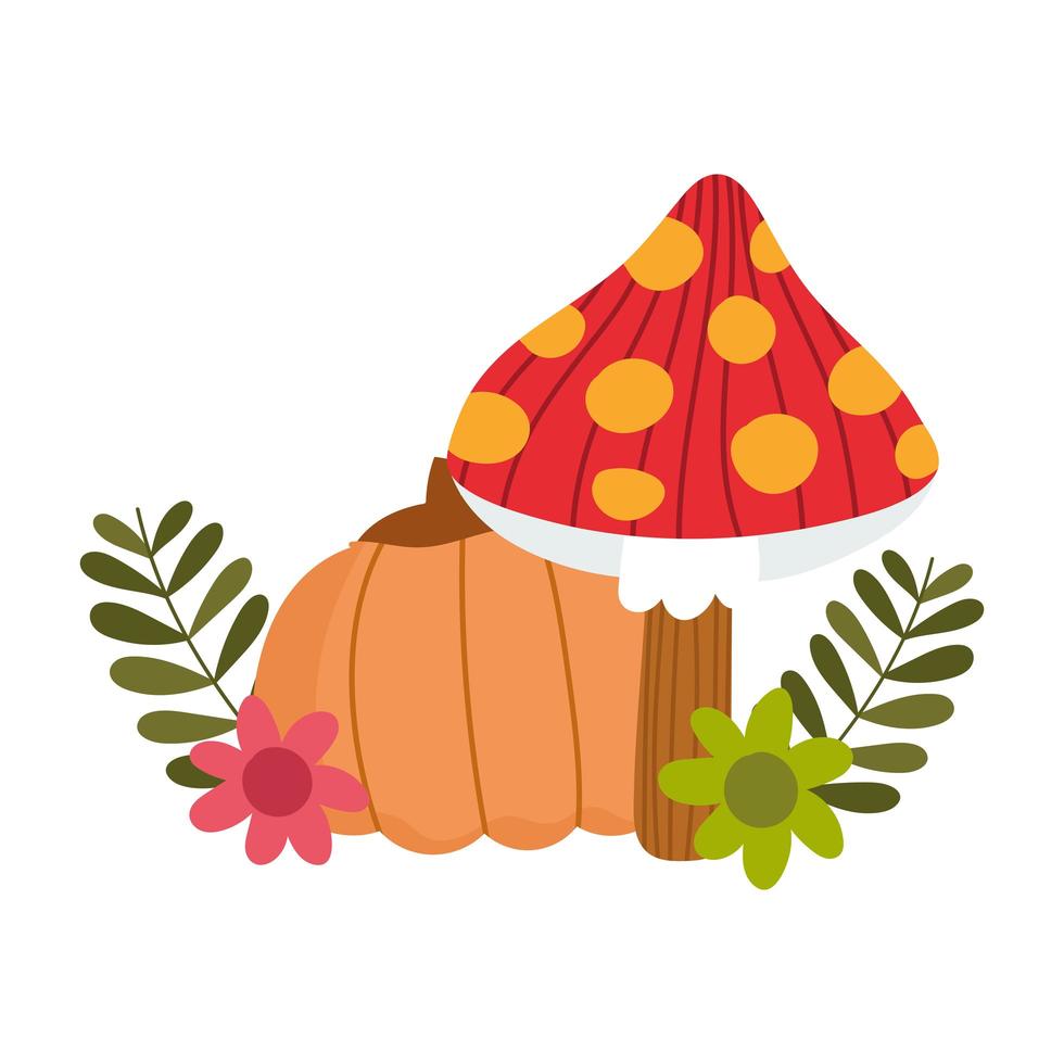 hello autumn, rustic mushroom pumpkin flowers leaves foliage vector