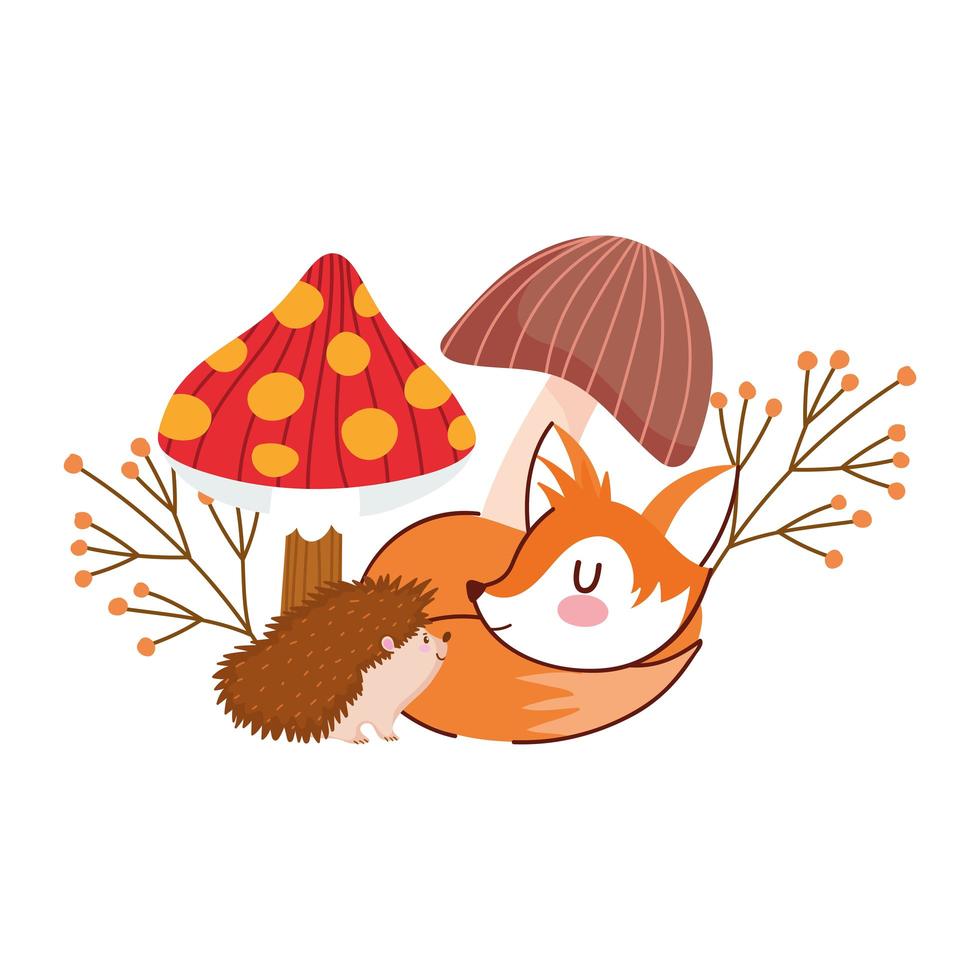 hello autumn, hedgehog and sleeping fox mushrooms and leaf vector