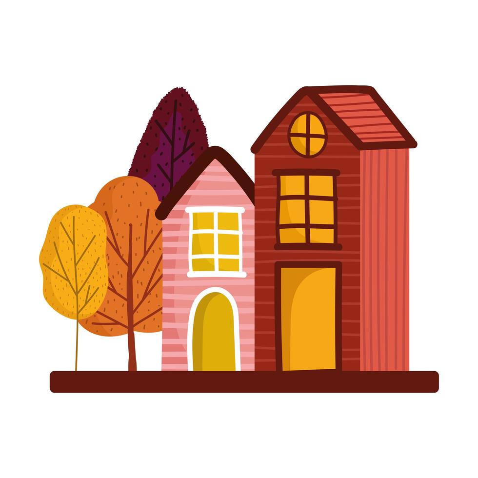 rustic houses trees foliage isolated design white background vector