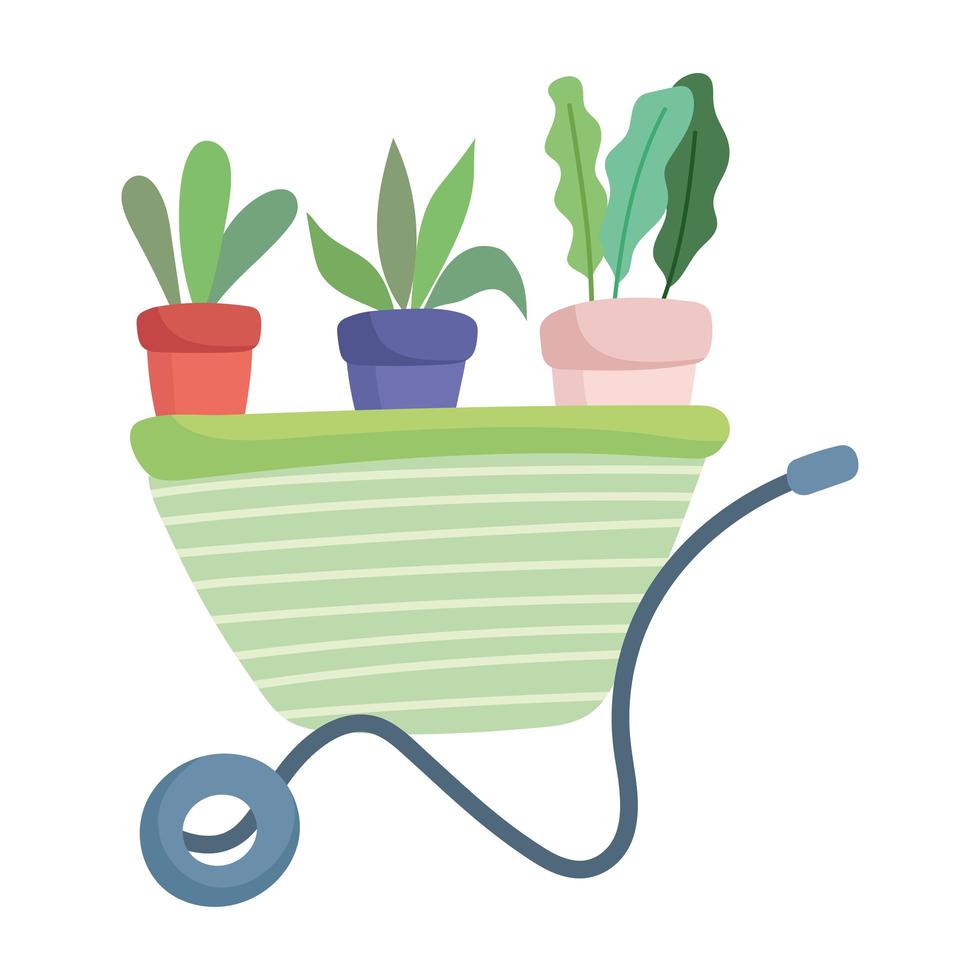 happy garden, wheelbarrow with potted plants cartoon vector