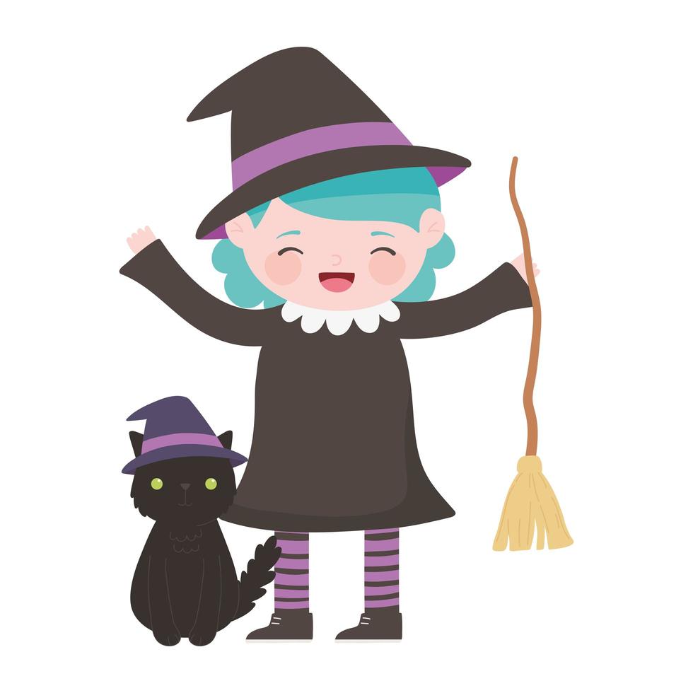 happy halloween, girl with witch costume broom and cat vector