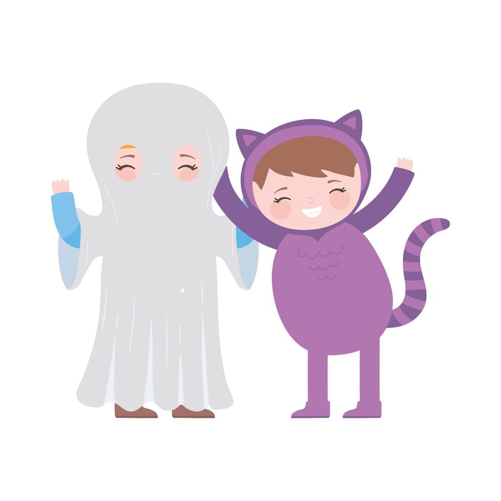 happy halloween, childrens with ghost and cat costumes cartoon vector