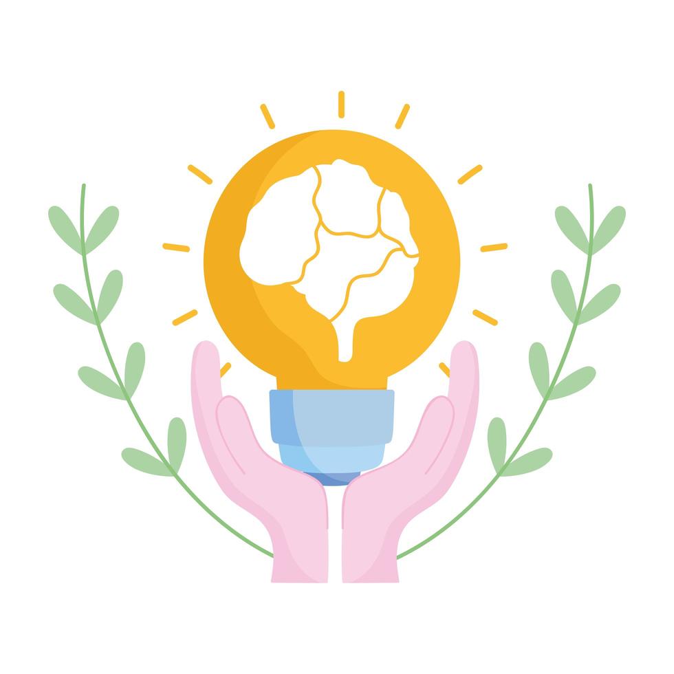 world mental health day, hands with brain in light bulb support vector