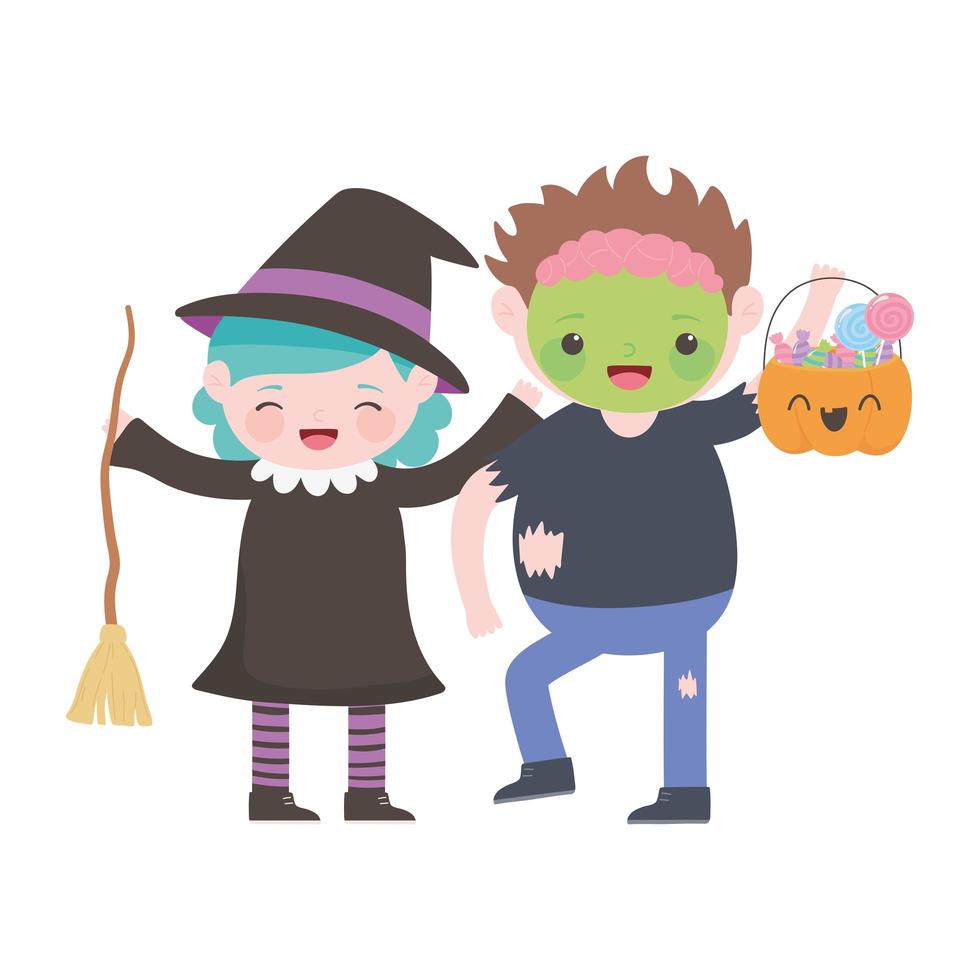 happy halloween, girl witch with broom and boy zombie with pumpkin vector