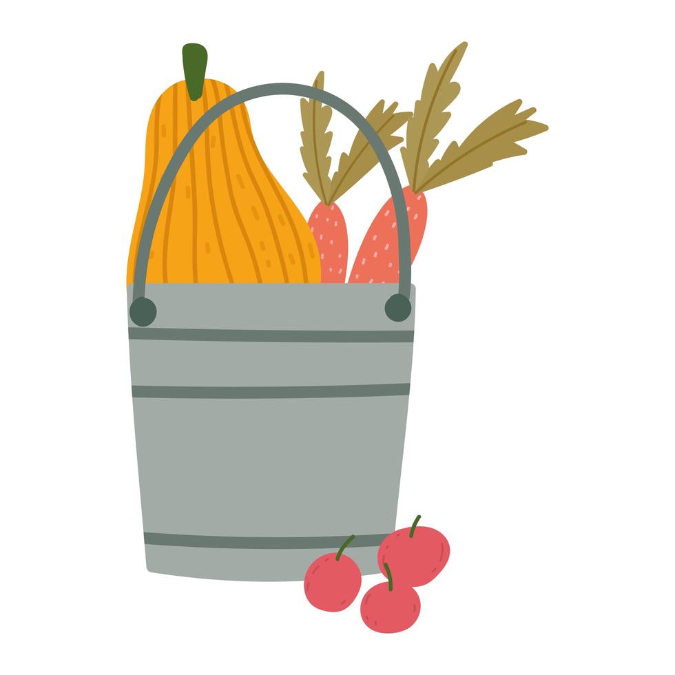 bucket with pumpkin carrots and fruits harvest fresh isolated design vector