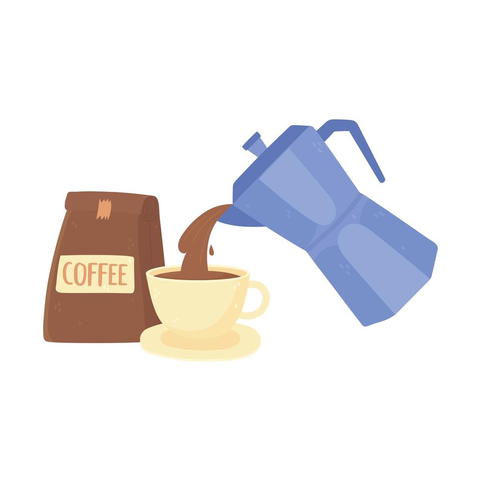 international day of coffee, kettle pouring on cup and package product isolated design vector