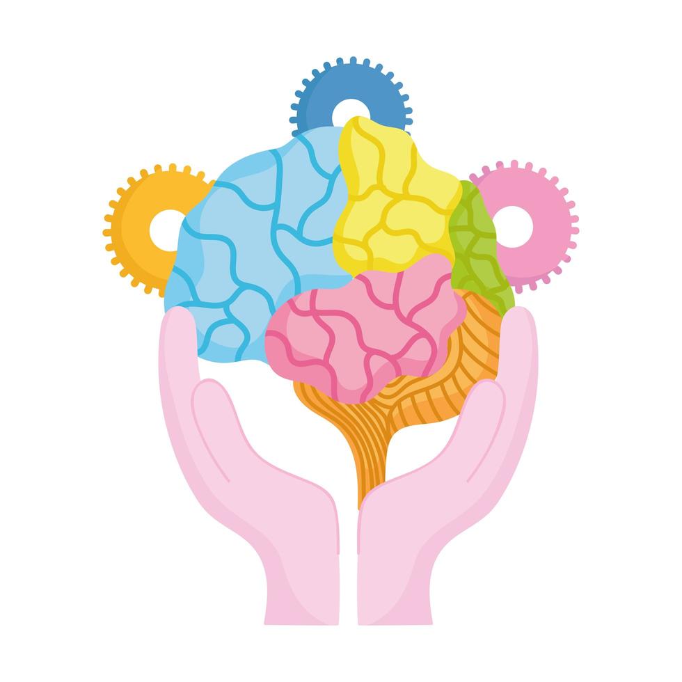 world mental health day, hands with human brain and gears vector