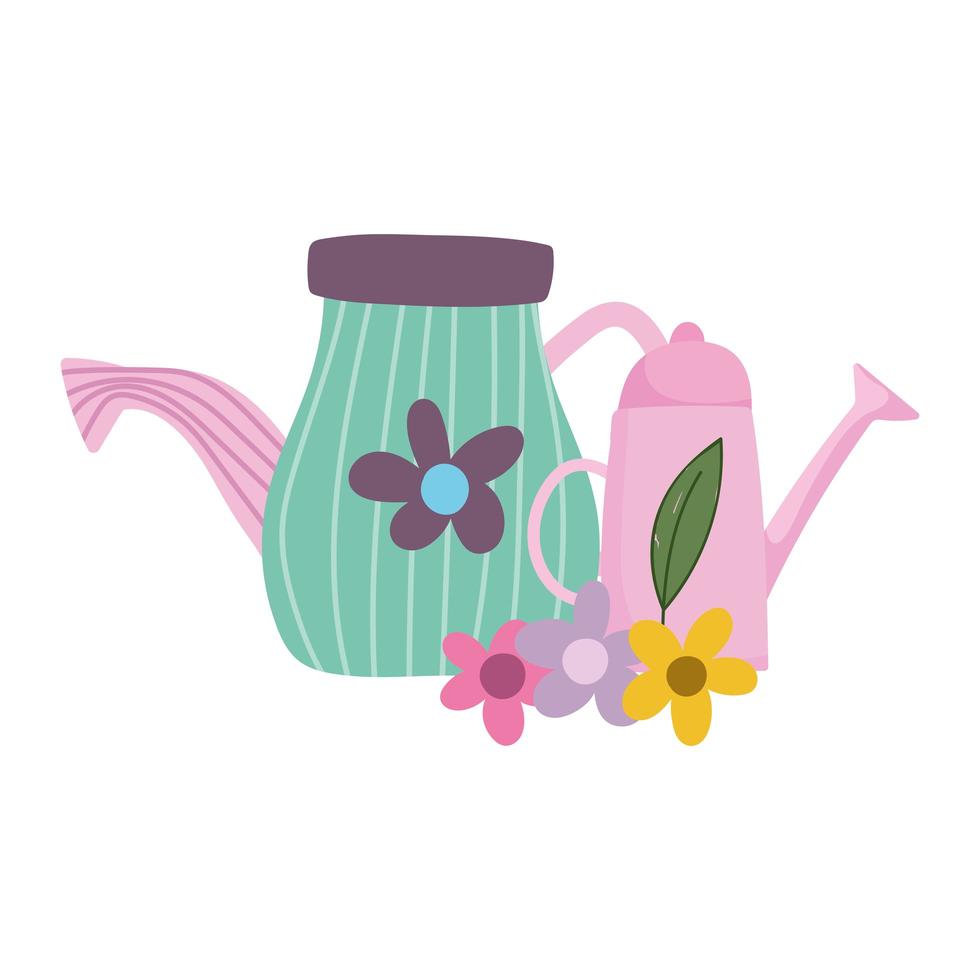 gardening, watering cans and flowers garden isolated icon style vector