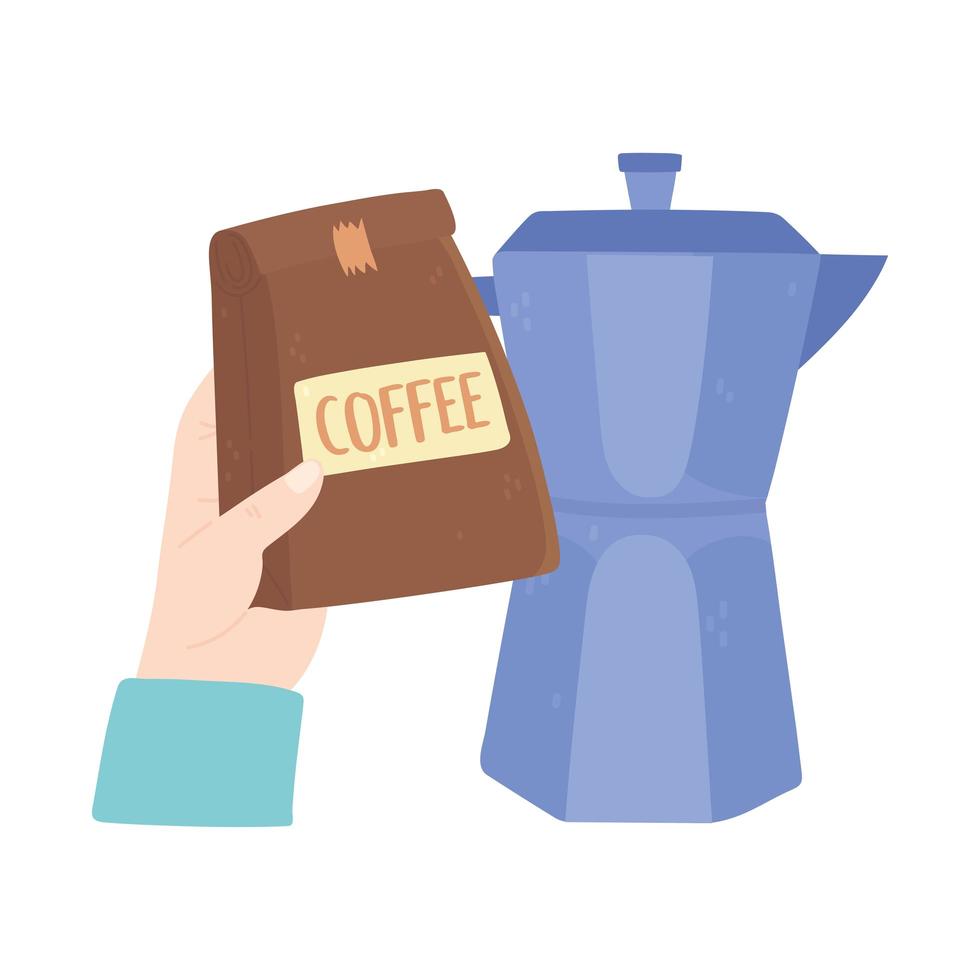 international day of coffee, hand holding package and moka pot vector