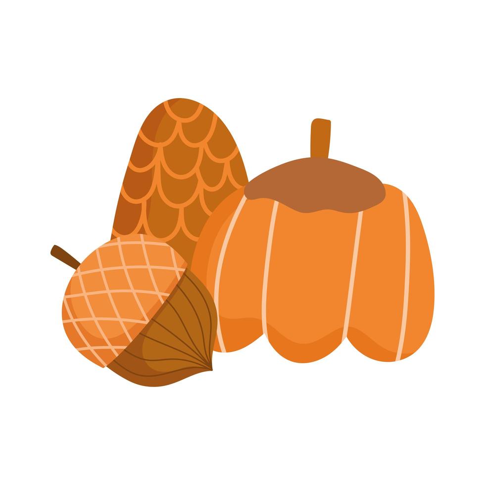 happy thanksgiving day, pumpkin acorn and pine cone celebration vector