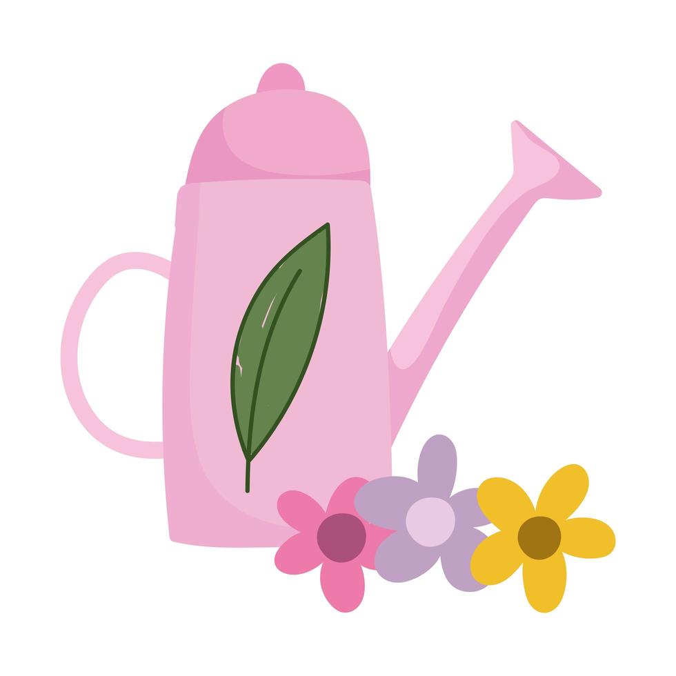 gardening, pink watering can and flowers isolated icon style vector