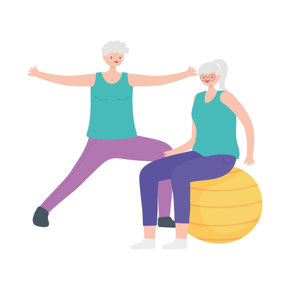 Actividad personas mayores, felices ancianas practicando ejercicios con pelota. vector