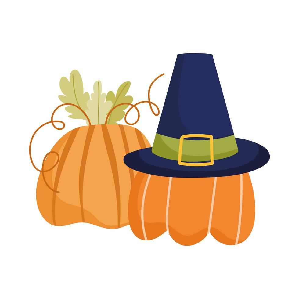 happy thanksgiving day, pilgrim hat and pumpkins celebration vector