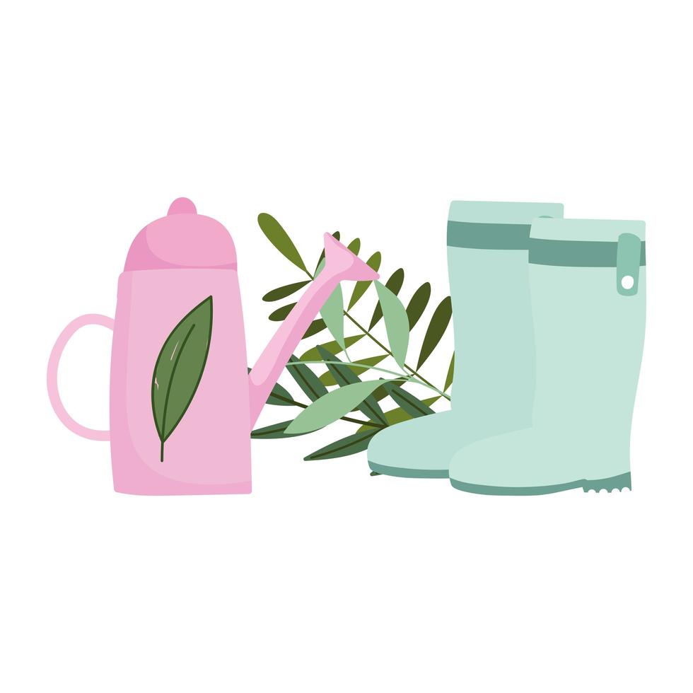 gardening, watering can and boots with foliage isolated icon style vector