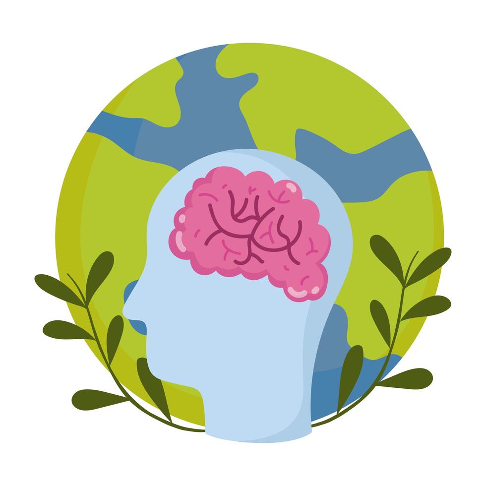 world mental health day, profile head brain planet emblem vector