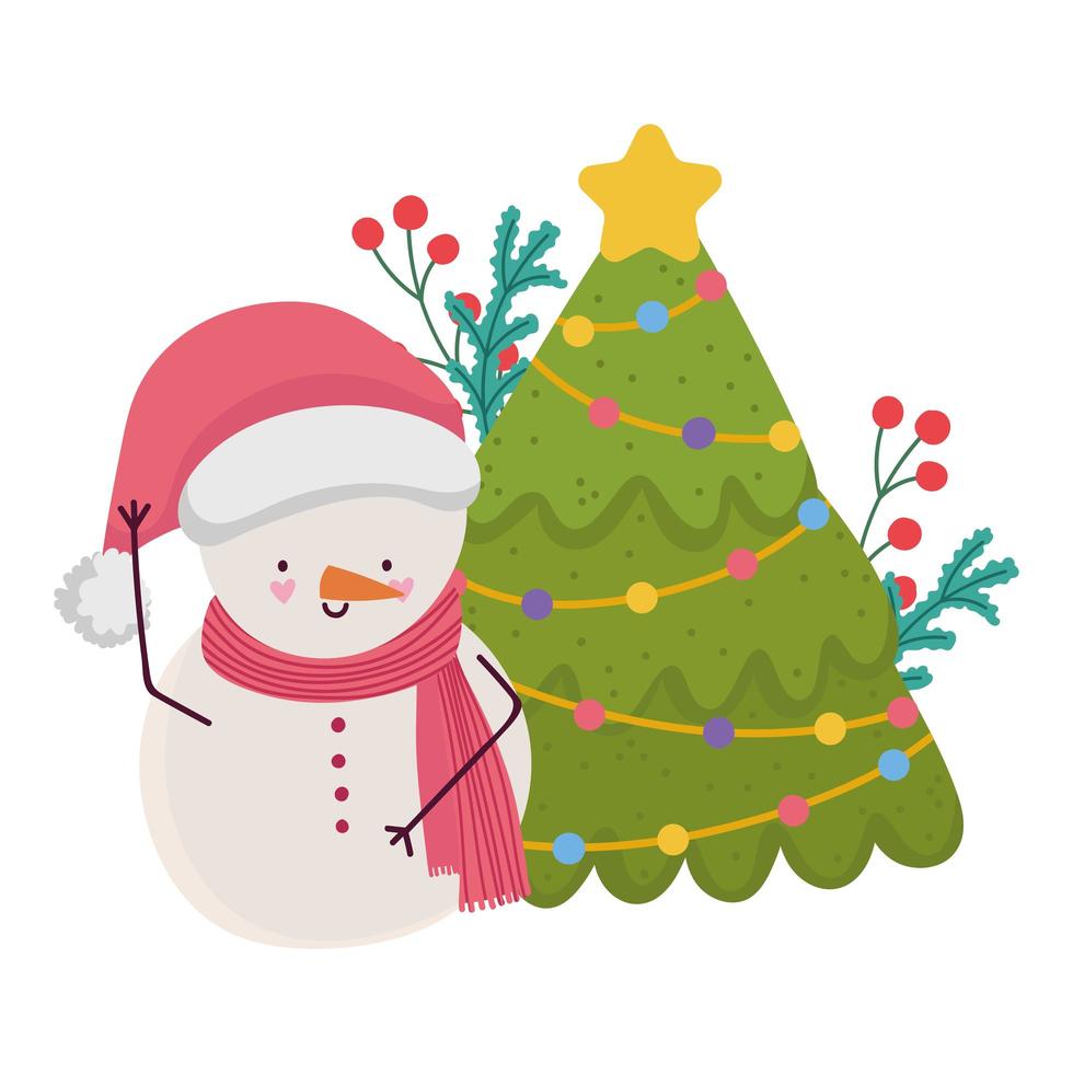 merry christmas, snowman and tree with holly berry decoration, isolated design vector