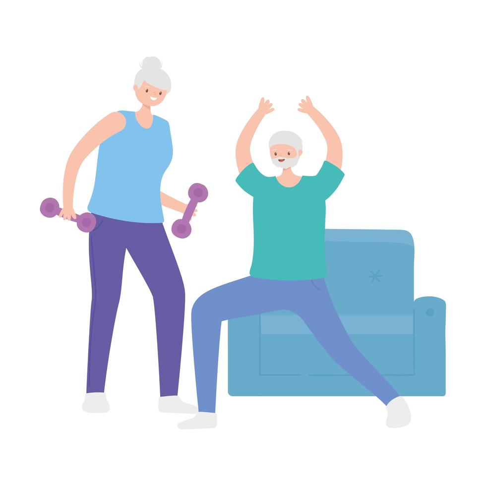 activity seniors, elder woman with dumbbell and old man stretching vector