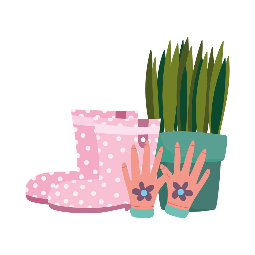 Jardinería, botas de goma, guantes y diseño aislado de plantas en macetas. vector