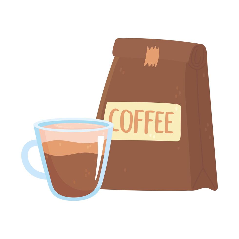 día internacional del café, paquete y taza de diseño aislado. vector