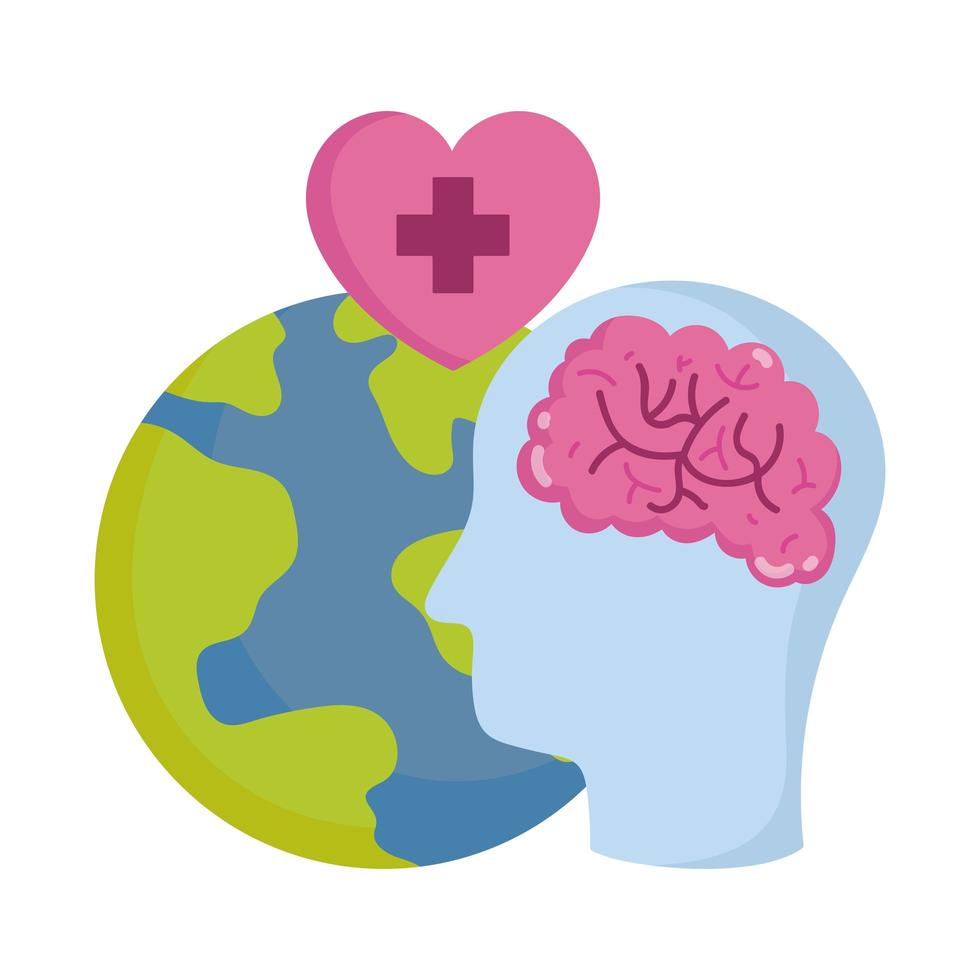 día mundial de la salud mental, cabeza de perfil cerebro planeta corazón vector