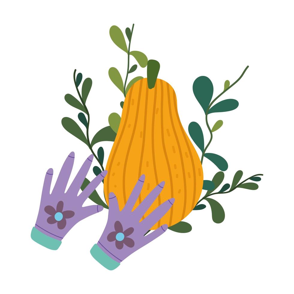 happy garden, pumpkin gloves plants isolated icon style vector