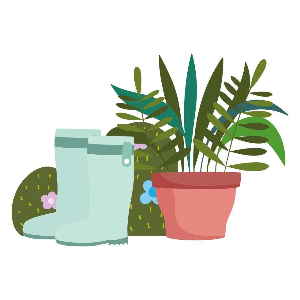 gardening, boots potted plant flowers and bush nature vector illustration