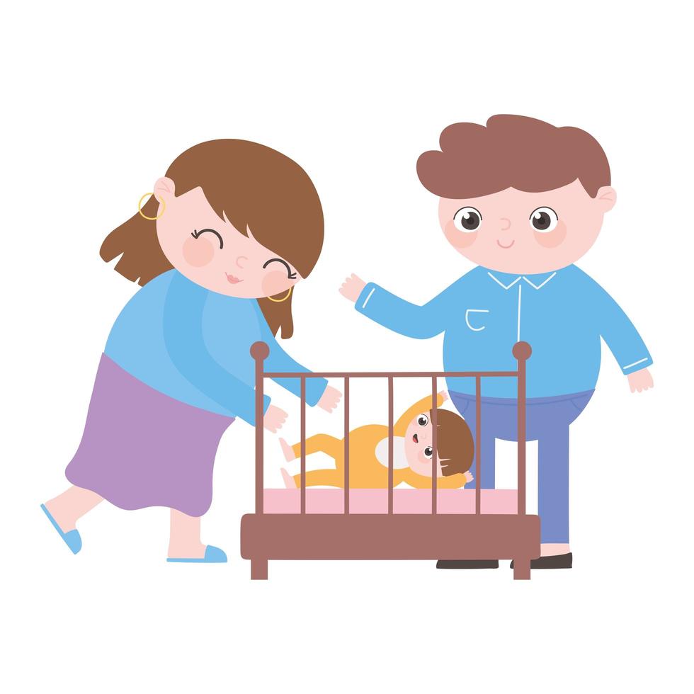 pregnancy and maternity, happy mom and dad with baby in crib vector