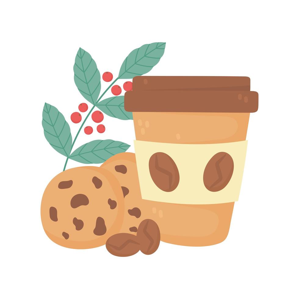 international day of coffee, paper takeaway cup cookies and branch seeds vector