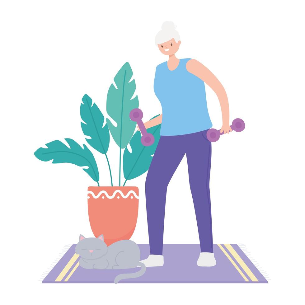 activity seniors, old woman lifting weight in the room vector