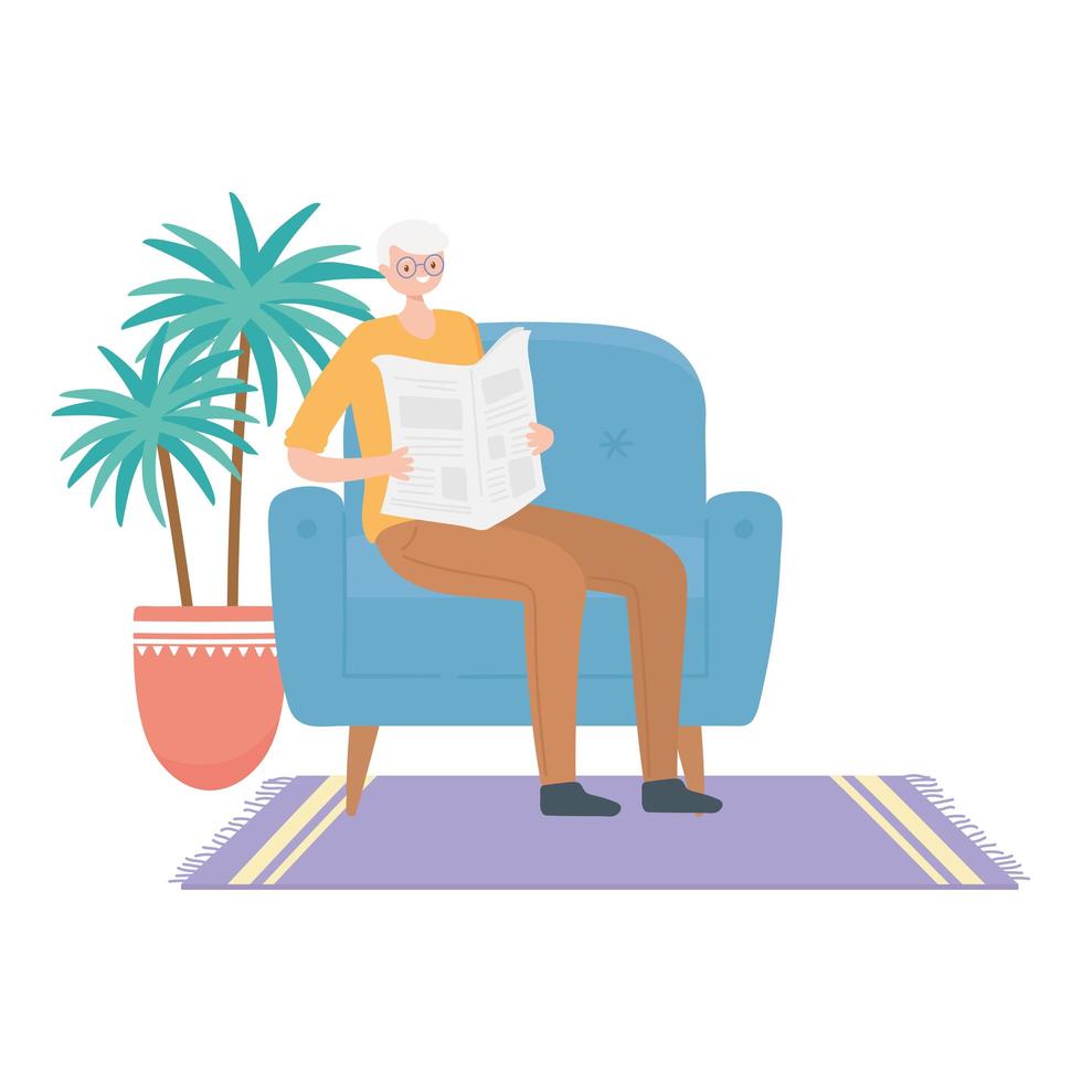 activity seniors, mature man reading newspaper sitting on sofa vector