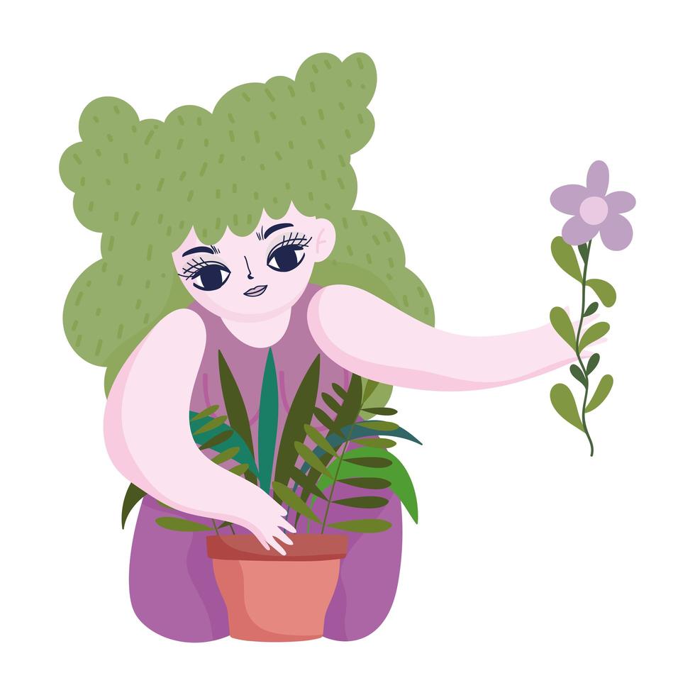 happy garden, girl planting plants in pot with flower in hand vector