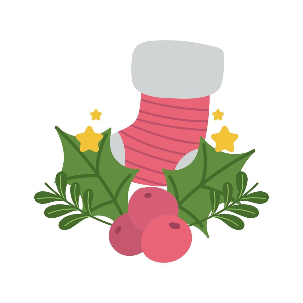 merry christmas, stocking stars holly berry cartoon, isolated design vector