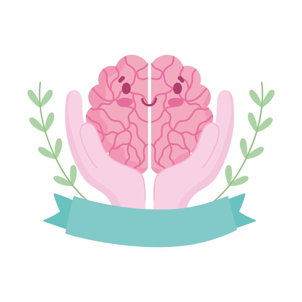 world mental health day, cartoon brain in hands ribbon card vector